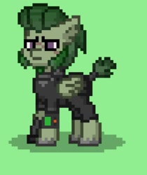 Size: 1073x1280 | Tagged: safe, oc, oc only, oc:nettea, pegasus, pony, ashes town, clothes, green background, pegasus oc, pipbuck, scar, short tail, simple background, sniper, solo, uniform, wasteland, wings
