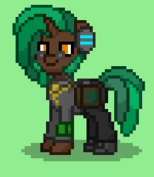Size: 1080x1246 | Tagged: safe, oc, oc only, oc:cracked disk, pony, unicorn, ashes town, disc jockey, green background, horn, pipbuck, simple background, solo, unicorn oc, wasteland