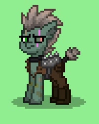 Size: 1029x1280 | Tagged: safe, oc, oc only, oc:kidding koy, earth pony, pony, ashes town, earth pony oc, green background, raider, raider armor, scar, short tail, simple background, solo, wasteland