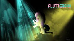 Size: 1920x1080 | Tagged: safe, artist:hornflakes, artist:nsaiuvqart, edit, fluttershy, pegasus, pony, g4, abstract background, eyes closed, female, happy, lighting, mare, name, open mouth, solo, vector, wallpaper, wallpaper edit