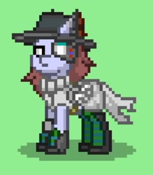 Size: 1080x1233 | Tagged: safe, oc, oc only, oc:blink trotter, earth pony, pony, ashes town, augmented, augmented eye, green background, hat, pipbuck, simple background, solo, time travel, wings augmentation