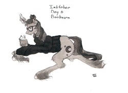 Size: 1088x796 | Tagged: safe, artist:rrrover, moondancer, pony, unicorn, g4, book, clothes, female, glasses, hoof fluff, inktober, inktober 2018, lying down, mare, reading, signature, simple background, solo, white background