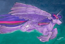 Size: 1500x1032 | Tagged: safe, artist:rrrover, twilight sparkle, alicorn, pony, g4, female, flying, hoof fluff, mare, signature, solo, twilight sparkle (alicorn)