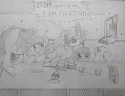 Size: 2545x1965 | Tagged: safe, artist:allyster-black, oc, oc only, oc:blackjack, oc:lacunae, oc:morning glory (project horizons), oc:p-21, oc:rampage, oc:scotch tape, alicorn, earth pony, pegasus, pony, unicorn, fallout equestria, fallout equestria: project horizons, alicorn oc, angry, armor, blushing, cereal, cereal box, cute, earth pony oc, embarrassed, facehoof, fanfic art, female, filly, foal, food, group, horn, male, mare, pegasus oc, screaming, sketch, small horn, smiling, stallion, star house, sugar apple bombs, sugar bombs, text, unicorn oc, wings, yelling
