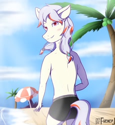 Size: 1100x1200 | Tagged: safe, artist:ftr17s, oc, oc only, earth pony, anthro, beach, beach umbrella, clothes, cloud, earth pony oc, looking back, outdoors, palm tree, partial nudity, shorts, signature, smiling, solo, topless, tree