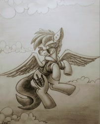 Size: 2009x2489 | Tagged: safe, artist:allyster-black, oc, oc only, oc:ares, pegasus, pony, bomber jacket, clothes, ear fluff, ear piercing, flying, high res, jacket, monochrome, pencil drawing, piercing, traditional art
