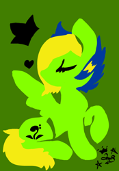 Size: 500x719 | Tagged: safe, artist:amgiwolf, oc, oc only, oc:viexy ams, pegasus, pony, eyes closed, green background, heart, looking back, pegasus oc, raised hoof, signature, simple background, solo, wings
