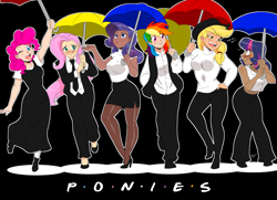 Size: 1666x1208 | Tagged: safe, artist:aeolus06, applejack, fluttershy, pinkie pie, rainbow dash, rarity, twilight sparkle, human, g4, black background, blushing, clothes, crossover, dark skin, dress, f.r.i.e.n.d.s, female, friends, high heels, humanized, lesbian, mane six, midriff, necktie, one eye closed, pants, pantyhose, reference, ship:twijack, shipping, shoes, simple background, skirt, smiling, suit, umbrella