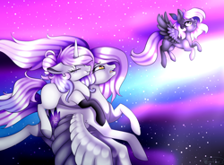 Size: 1700x1250 | Tagged: safe, artist:minelvi, oc, oc only, pegasus, pony, unicorn, aurora borealis, eyes closed, flying, horn, night, pegasus oc, ponies riding ponies, riding, sleeping, stars, unicorn oc, wings