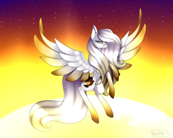 Size: 1750x1400 | Tagged: safe, artist:minelvi, oc, oc only, pegasus, pony, flying, pegasus oc, solo, sun, wings