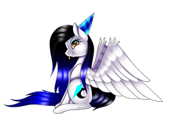 Size: 1500x1100 | Tagged: safe, artist:minelvi, oc, oc only, pegasus, pony, :p, eyelashes, hat, party hat, pegasus oc, simple background, sitting, solo, tongue out, transparent background, wings