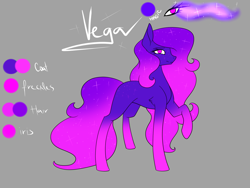 Size: 1400x1050 | Tagged: safe, artist:minelvi, oc, oc only, oc:vega, earth pony, pony, coat markings, earth pony oc, ethereal mane, gray background, raised hoof, reference sheet, simple background, socks (coat markings), solo, sombra eyes, starry mane