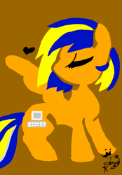 Size: 500x719 | Tagged: safe, artist:amgiwolf, oc, oc only, pegasus, pony, eyes closed, heart, looking back, orange background, pegasus oc, signature, simple background, solo, wings