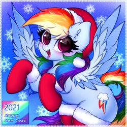 Size: 2000x2000 | Tagged: safe, artist:mite-lime, rainbow dash, pegasus, pony, g4, blushing, christmas, clothes, cute, cutie mark, dashabetes, ear fluff, eye clipping through hair, eyebrows, eyebrows visible through hair, eyelashes, female, happy, hat, high res, holiday, looking at you, mare, new year, open mouth, open smile, santa hat, smiling, smiling at you, snow, snowflake, socks, solo, spread wings, standing, stockings, thigh highs, wings