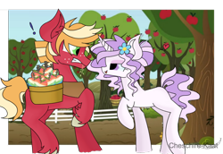 Size: 938x644 | Tagged: safe, artist:kaatseye, oc, oc only, oc:cortland apple, oc:fabuleuse, earth pony, pony, unicorn, apple, apple tree, basket, exclamation point, female, flower, food, horse collar, male, mare, next generation, not big macintosh, offspring, parent:big macintosh, parent:cheerilee, parent:fancypants, parent:fleur-de-lis, parents:cheerimac, parents:fancyfleur, stallion, straw in mouth, sweet apple acres, tree, zap apple