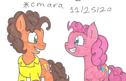Size: 1130x734 | Tagged: safe, artist:cmara, cheese sandwich, pinkie pie, earth pony, pony, g4, clothes, female, grin, male, mare, ship:cheesepie, shipping, shirt, simple background, smiling, stallion, straight, traditional art, white background