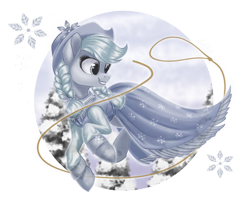 Size: 1480x1200 | Tagged: safe, artist:evedizzy26, applejack, spirit of hearth's warming past, earth pony, ghost, ghost pony, pony, a hearth's warming tail, g4, braid, braided pigtails, clothes, cowboy hat, dress, female, grin, hat, lasso, mare, open mouth, pigtails, rope, simple background, smiling, snow, snowflake, solo, teeth, transparent background, winter