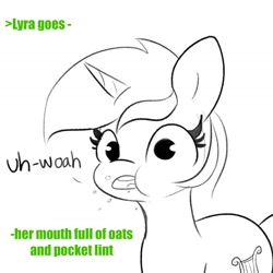 Size: 1440x1440 | Tagged: safe, artist:tjpones, lyra heartstrings, pony, unicorn, g4, eating, female, mare, monochrome, partial color, puffy cheeks, simple background, solo, white background