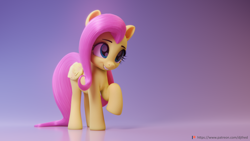 Size: 3840x2160 | Tagged: safe, artist:therealdjthed, fluttershy, pegasus, pony, g4, 3d, 3d render, cute, female, folded wings, high res, mare, raised hoof, shyabetes, smiling, solo, wings