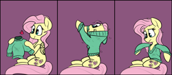 Size: 1680x732 | Tagged: safe, artist:pinkberry, fluttershy, pegasus, pony, g4, 3 panel comic, clothes, colored sketch, comic, disappointed, female, heart, mare, reality ensues, sitting, sketch, solo, sweater, sweatershy