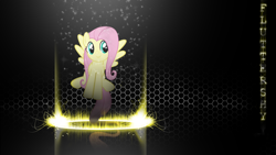 Size: 1920x1080 | Tagged: safe, artist:forgotten5p1rit, artist:weoweno, edit, fluttershy, pegasus, pony, g4, abstract background, female, flying, mare, name, smiling, solo, vector, wallpaper, wallpaper edit