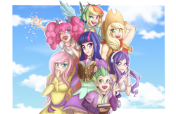 Size: 900x582 | Tagged: safe, artist:o0reika0o, applejack, fluttershy, pinkie pie, rainbow dash, rarity, spike, twilight sparkle, human, g4, anime, book, clothes, cloud, confetti, cute, dress, evening gloves, female, gloves, headband, headphones, humanized, long gloves, male, mane seven, mane six, nail polish, one eye closed, open mouth, pigtails, sky, smiling, wink