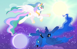 Size: 900x582 | Tagged: safe, artist:o0reika0o, princess celestia, princess luna, alicorn, pony, g4, colored pupils, day, duo, female, flying, mare, moon, night, profile, royal sisters, sisters, spread wings, sun, wings, yin-yang