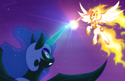 Size: 900x582 | Tagged: safe, artist:o0reika0o, daybreaker, nightmare moon, alicorn, pony, g4, duo, female, fight, flying, glowing horn, horn, magic, mare, spread wings, wings