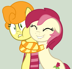 Size: 886x851 | Tagged: safe, artist:jadeharmony, artist:katnekobase, carrot top, golden harvest, roseluck, earth pony, pony, g4, base used, bipedal, clothes, eyes closed, female, gray background, grin, gritted teeth, hug, lesbian, lip bite, mare, ship:carrotluck, shipping, show accurate, simple background, smiling, socks, striped socks