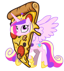 Size: 1160x1284 | Tagged: safe, artist:laszlvfx, edit, princess cadance, alicorn, pony, g4, cheese pizza, clothes, costume, cutie mark, female, flying, food, mare, meat, mushroom, pepperoni, pepperoni pizza, pizza, pizza costume, simple background, smiling, solo, spread wings, that pony sure does love pizza, vector, white background, wings