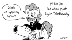 Size: 1200x675 | Tagged: safe, artist:pony-berserker, pinkie pie, earth pony, pony, pony-berserker's twitter sketches, g4, 1812 overture, beard, clothes, facial hair, female, grayscale, halftone, mare, monochrome, necktie, party cannon, pyotr ilyich tchaikovsky, romantic era, solo, suit, this will end in deafness, this will end in death, this will end in destruction, this will end in tears, this will end in tears and/or death