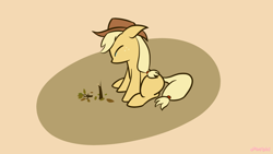 Size: 1920x1080 | Tagged: safe, artist:purblehoers, applejack, earth pony, pony, g4, apple, apple tree, applejack's hat, cowboy hat, crying, hat, missing cutie mark, mourning, sad, simple background, sitting, solo, tree