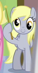 Size: 150x286 | Tagged: safe, screencap, derpy hooves, pegasus, pony, g4, rainbow falls, season 4, cropped, cute, derp, derpabetes, female, holding a flag, mare, smiling, solo focus