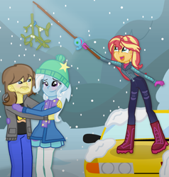 Size: 1911x2011 | Tagged: safe, artist:grapefruitface1, rover, sunset shimmer, trixie, oc, oc:grapefruit face, equestria girls, saving pinkie's pie, base used, blushing, canon x oc, car, clothes, coat, fishing rod, grapexie, happy, hat, hoodie, hug, imminent kissing, mistletoe, outdoors, rover sd1, shipping, show accurate, snow, snowfall, stockings, straight, thigh highs, winter outfit