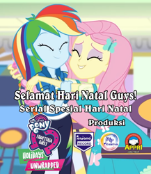 Size: 720x829 | Tagged: safe, edit, edited screencap, screencap, fluttershy, rainbow dash, dashing through the mall, equestria girls, equestria girls specials, g4, my little pony equestria girls: better together, my little pony equestria girls: holidays unwrapped, clothes, cropped, cute, dashabetes, eyes closed, female, geode of fauna, geode of super speed, hug, indonesia, indonesian, magical geodes, pants, perdana record, pink camera, pt. musik perdana kreativa, shipping fuel, shyabetes, smiling