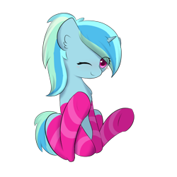 Size: 960x960 | Tagged: safe, artist:jerryenderby, oc, oc only, oc:auroracrystalholly, oc:冬青, pony, unicorn, 2021 community collab, derpibooru community collaboration, clothes, looking at you, one eye closed, simple background, socks, solo, stockings, striped socks, thigh highs, transparent background