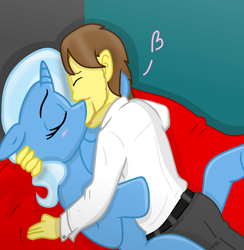 Size: 1874x1924 | Tagged: safe, anonymous artist, artist:grapefruitface1, color edit, edit, trixie, oc, oc:grapefruit face, human, pony, g4, bed, blushing, canon x oc, colored, eyes closed, female, grapexie, heart, human male, human male on mare, human on pony action, humansub, interspecies, kiss on the lips, kissing, making out, male, malesub, mare, pony on human action, shipping, show accurate, straight, submissive, trace