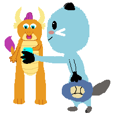 Size: 229x229 | Tagged: safe, artist:thegamerpainter, smolder, dewott, dragon, otter, g4, 1000 hours in ms paint, cellphone, crossover, duo, open mouth, phone, pokémon, wingless, wingless smolder