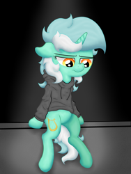 Size: 3024x4032 | Tagged: safe, artist:background basset, lyra heartstrings, pony, unicorn, g4, clothes, depressed, dig the swell hoodie, female, high res, hoodie, mare, sad, sitting, solo