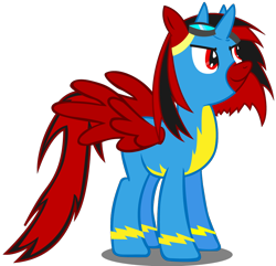 Size: 940x908 | Tagged: safe, artist:blingingjak, oc, oc only, oc:spitfire, alicorn, pony, alicorn oc, clothes, head up, horn, looking up, multiple horns, red and black mane, red and black oc, simple background, solo, transparent background, tricorn, uniform, wings, wonderbolts uniform