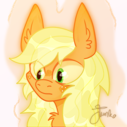 Size: 600x600 | Tagged: safe, artist:php163, applejack, earth pony, pony, g4, alternate hairstyle, big eyes, chest fluff, cute, ear fluff, female, freckles, jackabetes, looking offscreen, mare, missing accessory, signature, solo