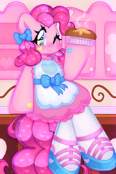 Size: 3000x4500 | Tagged: safe, artist:bunxl, pinkie pie, earth pony, anthro, g4, apron, arm hooves, bow, clothes, dress, female, food, heart eyes, kitchen, mare, one eye closed, pie, shoes, sitting on counter, solo, tights, wingding eyes, wink