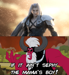Size: 1280x1395 | Tagged: safe, edit, edited screencap, screencap, lord tirek, centaur, human, g4, twilight's kingdom, caption, comparison, final fantasy, final fantasy vii, image macro, mama's boy, nintendo, sephiroth, square enix, super smash bros., super smash bros. ultimate, text, this will end in death, this will end in pain, tirek is doomed, tirek is so utterly boned it's tragic