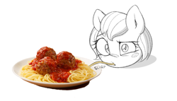 Size: 700x400 | Tagged: safe, artist:lyrabop, derpibooru exclusive, oc, oc only, oc:head pony, earth pony, pony, blushing, disembodied head, eating, food, head, looking at you, meatball, pasta, simple background, solo, spaghetti
