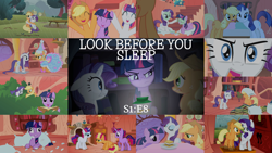 Size: 1934x1089 | Tagged: safe, edit, edited screencap, editor:quoterific, screencap, applejack, rarity, twilight sparkle, earth pony, pony, unicorn, g4, look before you sleep, season 1, book, clothes, collage, dress, food, froufrou glittery lacy outfit, golden oaks library, hair curlers, it is on, lantern, mud, mud mask, muddy hooves, pillow, pillow fight, puffy sleeves, rain, sandwich, tree, unicorn twilight