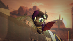 Size: 3840x2160 | Tagged: safe, artist:cross76, oc, oc only, bat pony, pony, 3d, bat pony oc, bat wings, desert, evening, high res, plane, solo, source filmmaker, supermarine spitfire, wings, world war ii