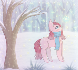 Size: 1100x1000 | Tagged: safe, artist:saltyvity, pinkie pie, earth pony, pony, g4, chest fluff, clothes, cold, colored hooves, female, forest, looking up, mare, missing cutie mark, outdoors, pinkamena diane pie, profile, scarf, snow, snowfall, solo, standing, tree, winter outfit