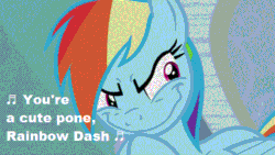 Size: 500x281 | Tagged: safe, edit, screencap, rainbow dash, pegasus, pony, g4, season 5, tanks for the memories, evil, evil smile, faic, female, gif, grin, how the grinch stole christmas, non-animated gif, pone, pure unfiltered evil, rainbow dash is best facemaker, rainbow grinch, smiling, solo, text, the grinch, then she got an idea