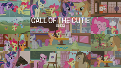 Size: 1974x1111 | Tagged: safe, edit, edited screencap, editor:quoterific, screencap, apple bloom, applejack, aura (g4), bon bon, cheerilee, cotton cloudy, doctor whooves, noi, pinkie pie, piña colada, rainbow dash, scootaloo, sweetie belle, sweetie drops, time turner, tornado bolt, twilight sparkle, twist, earth pony, pegasus, pony, unicorn, call of the cutie, g4, 80s, 80s cheerilee, apple, apple bloom's bow, apple tree, applejack's hat, apron, bipedal, bow, bucket, chef's hat, clothes, cowboy hat, cupcake, cutie mark crusaders, eyes closed, female, filly, food, glowing horn, hair bow, hat, horn, i didn't put those in my bag, juggling, karate, karatebloom, lip bite, magic, magic aura, male, mouth hold, standing, standing on one leg, sugarcube corner, sweet apple acres, tree, unicorn twilight