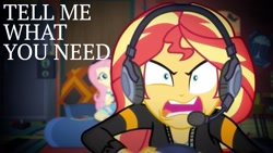 Size: 1920x1080 | Tagged: safe, edit, edited screencap, editor:quoterific, screencap, fluttershy, sunset shimmer, equestria girls, g4, game stream, my little pony equestria girls: better together, gamer sunset, psycho gamer sunset, tell me what you need, that pony sure have anger issues